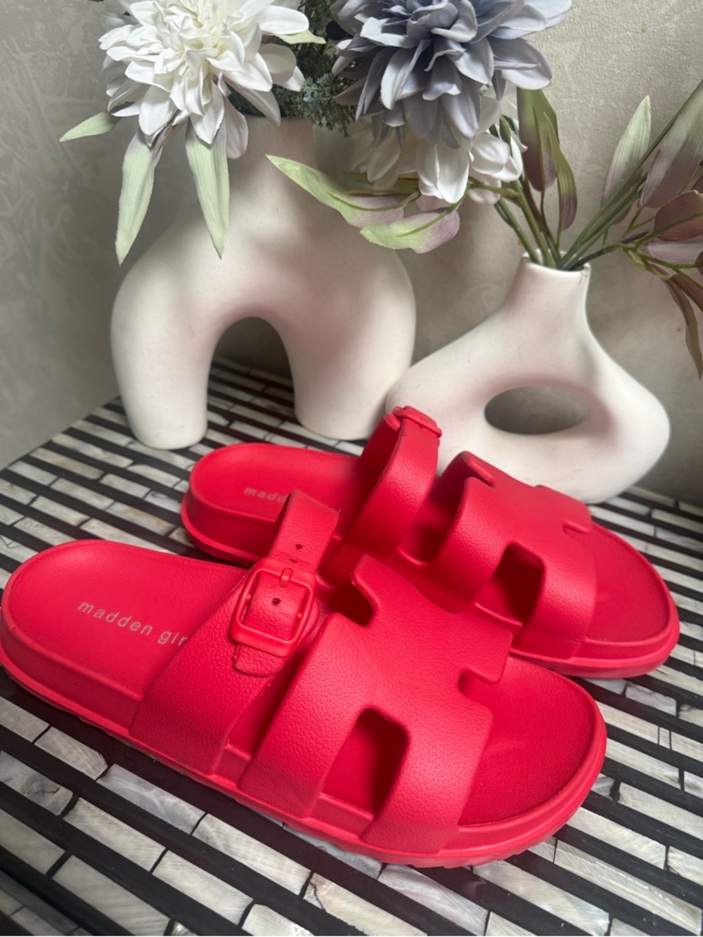 Madden Girl Vibrant Red Double-Strap Buckle Slides